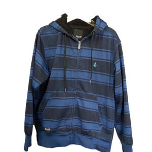 𝅺VOLCOM Hooded Fleece Lined Zipper Jacket Black Navy Stripe, Men's S